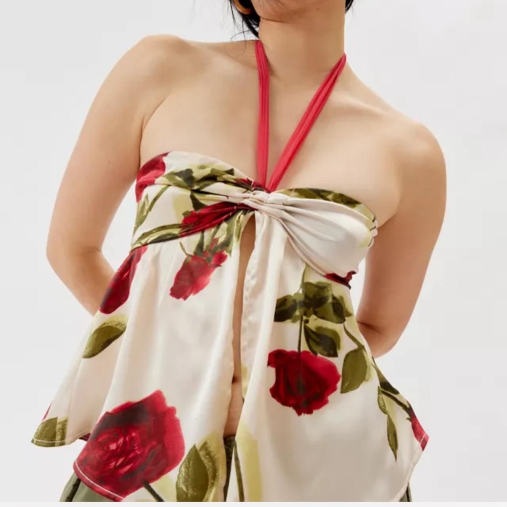 Ecote Red & White Floral Silk Halter Top with Green Accents